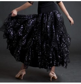 Black red sequins full skirted women's long length competition performance professional ballroom tango waltz flamenco dance skirts for ladies
